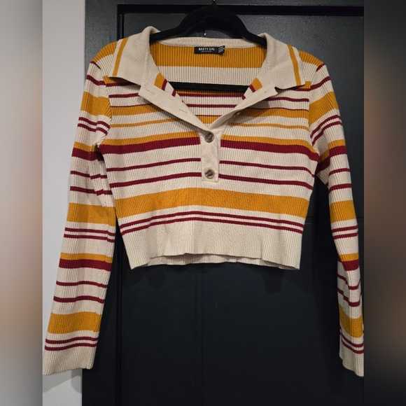 Nasty Gal Tops - Nasty Gal Cream Striped Cropped Polo Sweater with Yellow Burgundy Stripes 10/12